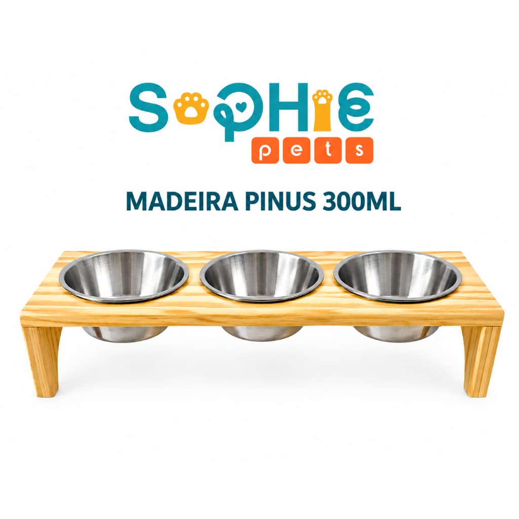 Comedouro Bebedouro Madeira Pinus Alumínio Cachorro Gato Filhote 300ml