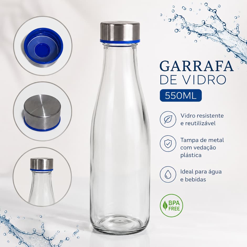 Garrafa de Vidro 550ml Reutilizável Tampa Metal Vedação Antivazamento BPA Free Água e Suco