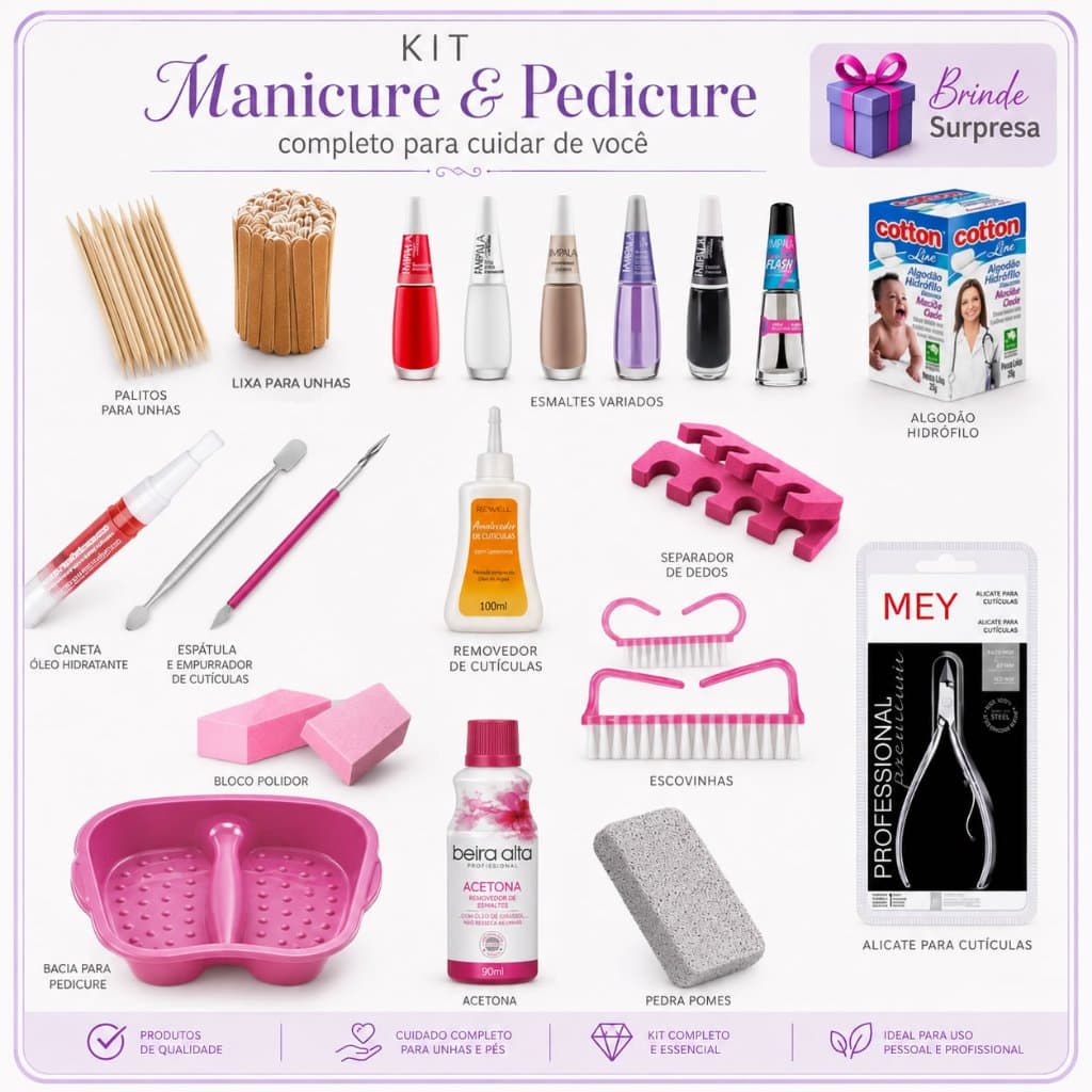 Kit Completo para Manicure profissional ou pessoal + Bacia para os pés - 20 Itens