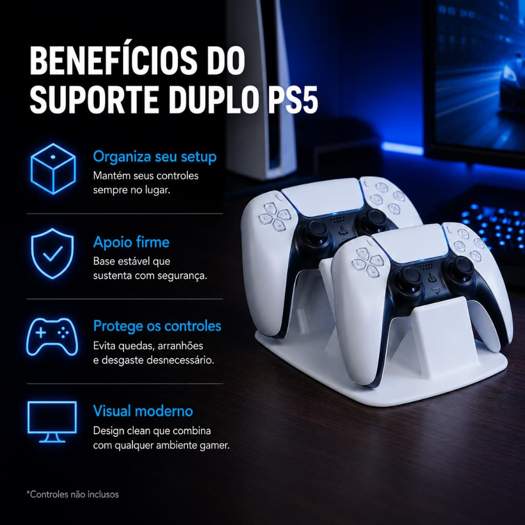 Suporte Duplo Para Controle PS5 Porta Controles Gamer Mesa Branco Preto