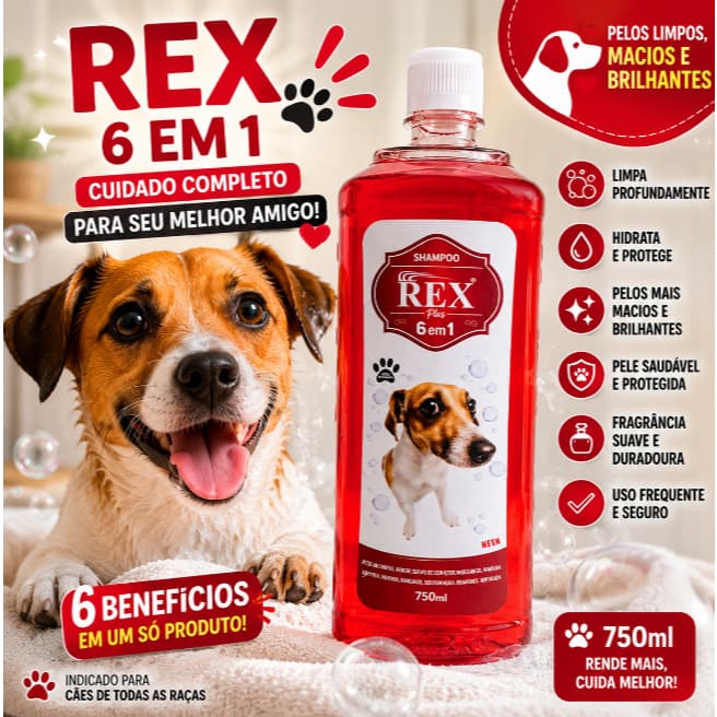 Shampoo Pet Rex 6 em 1 - 750ml para Cães e Gatos - Limpeza Profunda  Hidratação e Brilho