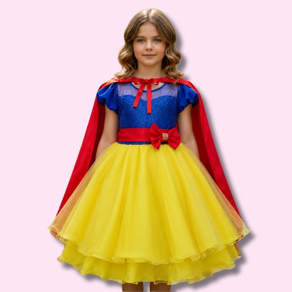 Vestido Infantil E Juvenil Festa Curto Princesa Branca de Neve com Capa Fantasia
