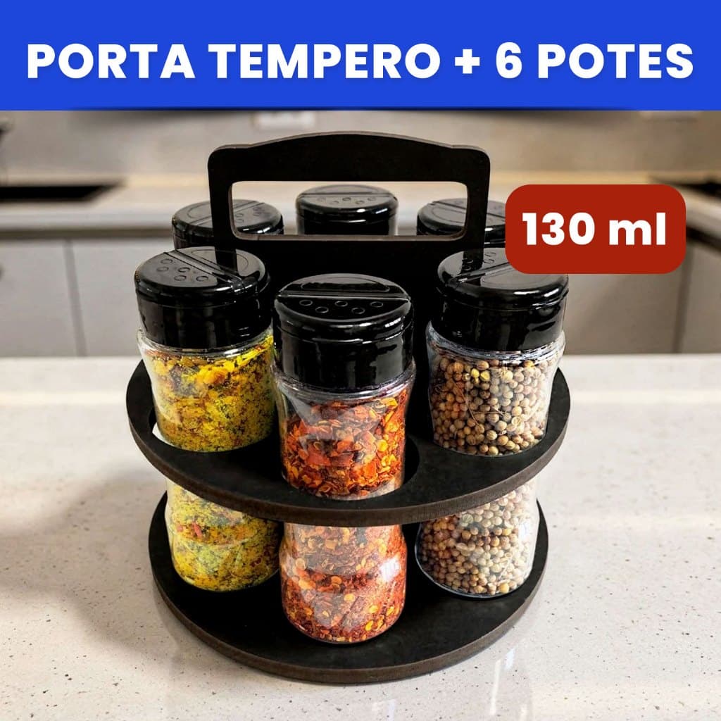 6 Potes para Tempero e Especiarias 130ml com Porta Tempero MDF 6mm e Alça Para Cozinha e Dispensa