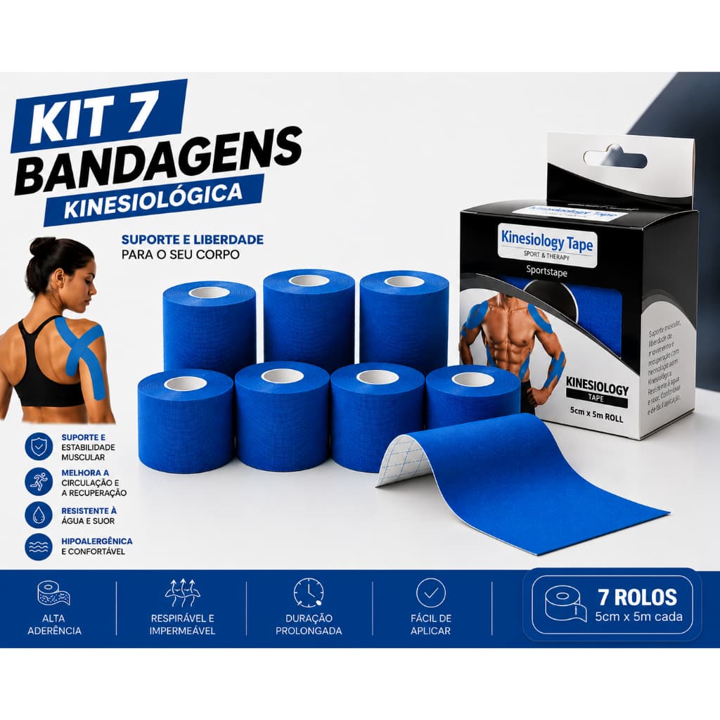 KIT 7 BANDAGENS KINESIO FISIOTERAPIA ALIVIO DOR MUSCULAR PREVENÇÃO DE LESÕES HIPOARLEGENICA