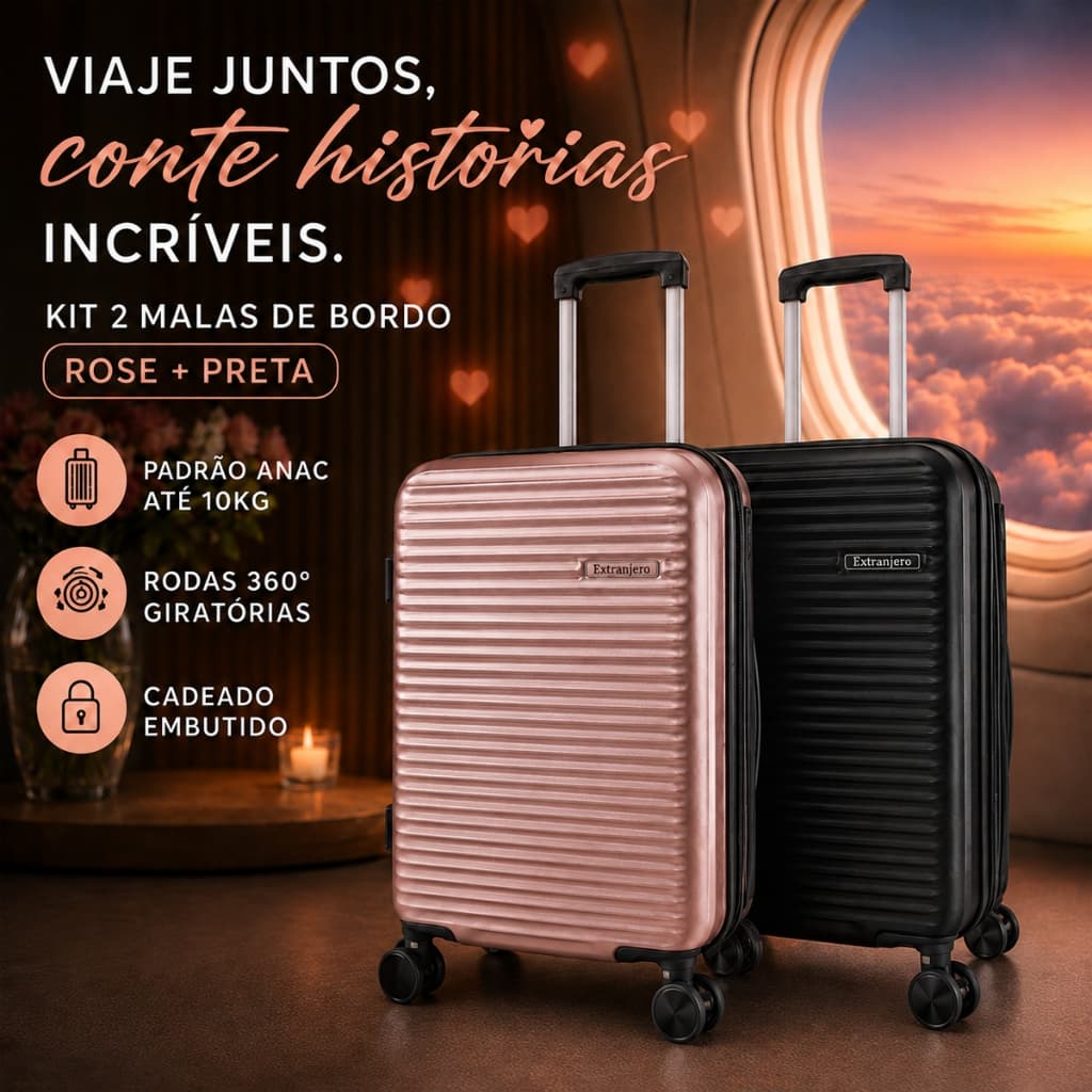Kit Mala Casal 10kg Bordo pequena Cadeado TSA ABS Rodas 360° Removíveis