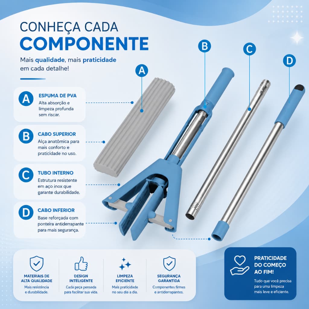 Mop Limpeza Geral Rodo Mop Fácil Com Espuma Enxuga E Varre Rodo Magico Esfregão