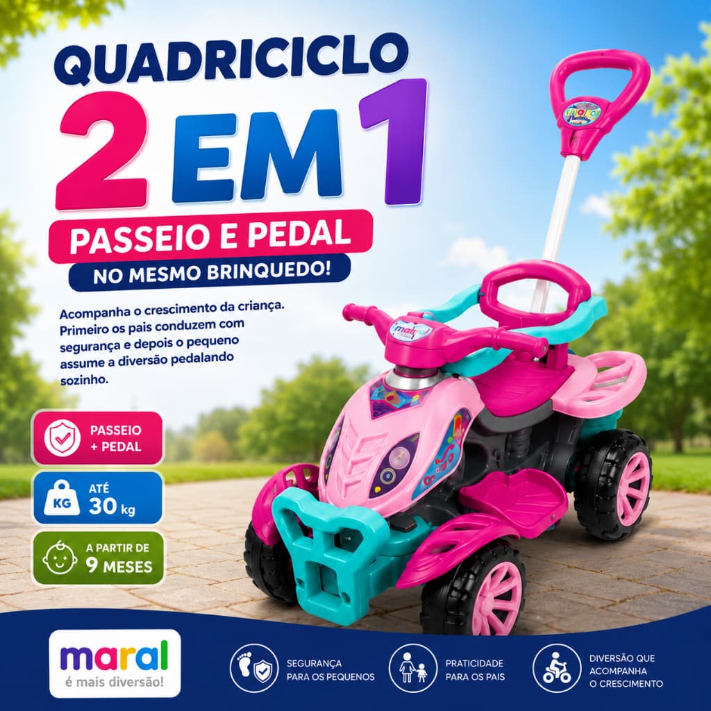 CARRINHO DE PASSEIO INFANTIL QUADRICICLO 2 EM 1 HASTE DIRECIONAVEL ROSA/HOMEM-ARANHA/COLORIDO -MARAL