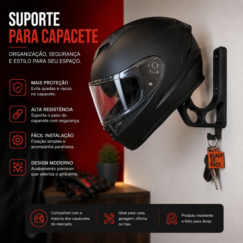 Suporte De Parede Para Capacete De Moto Com Gancho Para Chaves e Jaquetas.