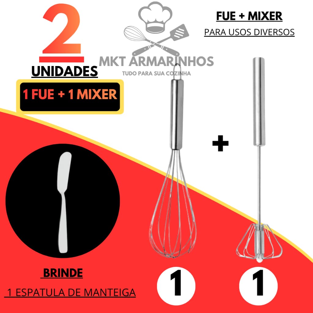 Kit 1 Fouet Inox + 1 Mixer Manual Inox Batedor de Ovos Creme Chantilly Café Espumador Profissional + Espátula Brinde Fue