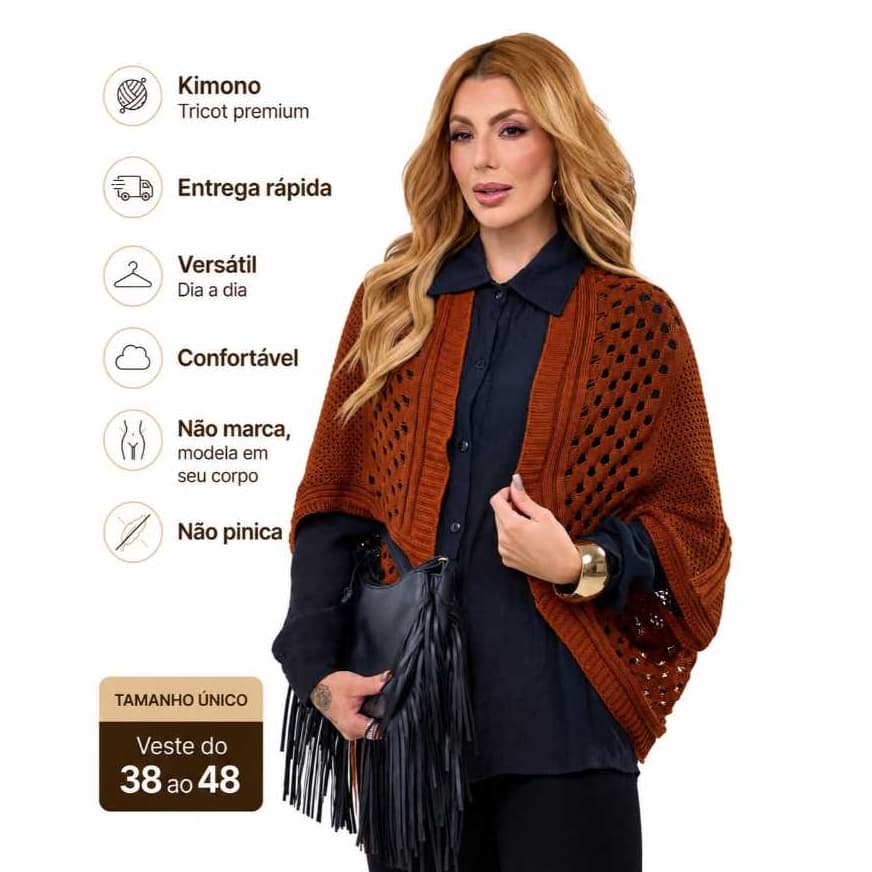KIMONO CAPA ELEGANTE TRICOT CROCHE PLUS SIZE FEMININO RENDADO CONFORTAVEL