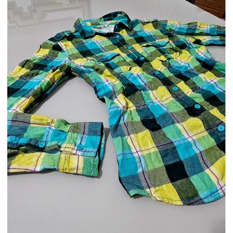 Camisa Feminina Xadres Verde Amarela Manga Longa Feminina Grife de Luxo Tamanho M