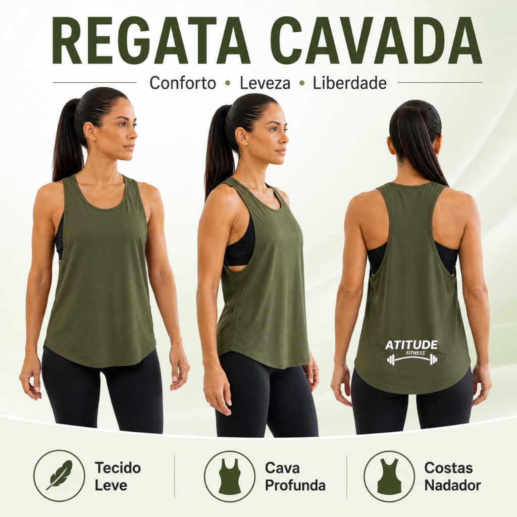 Regata Cavada Feminina Fitness Verde Militar Costas Nadador Academia Kit 1 2 3 ou 4