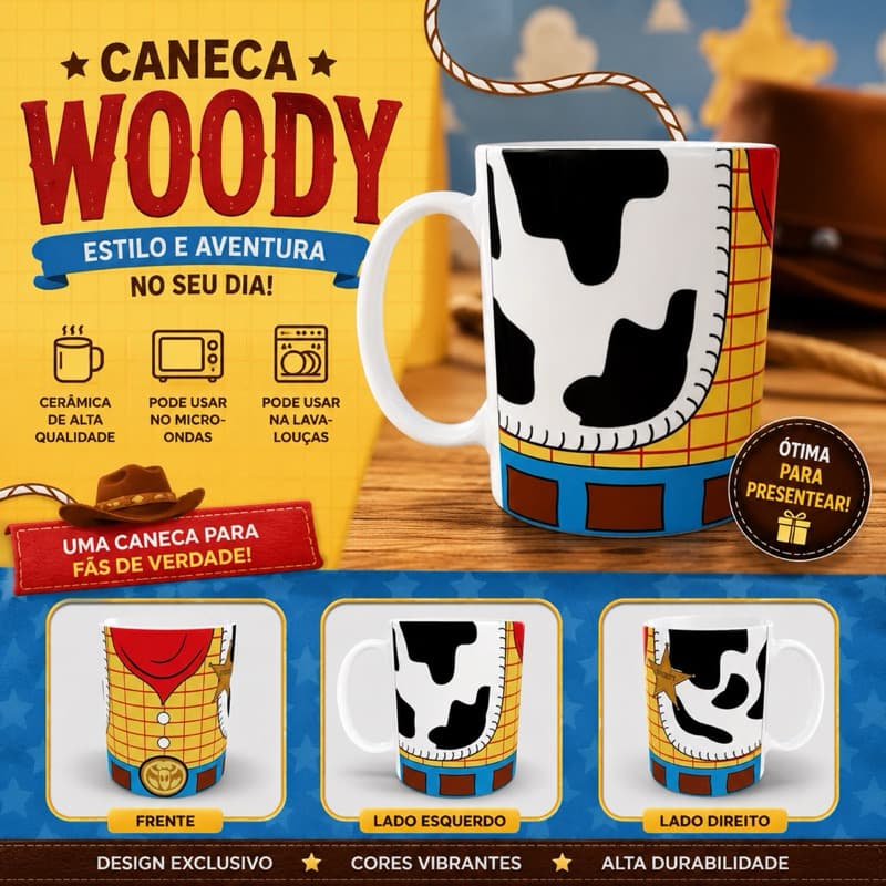 Caneca Woody Toy Story 325ml Cerâmica Personalizada | Presente Geek Disney Pixar Colecionável