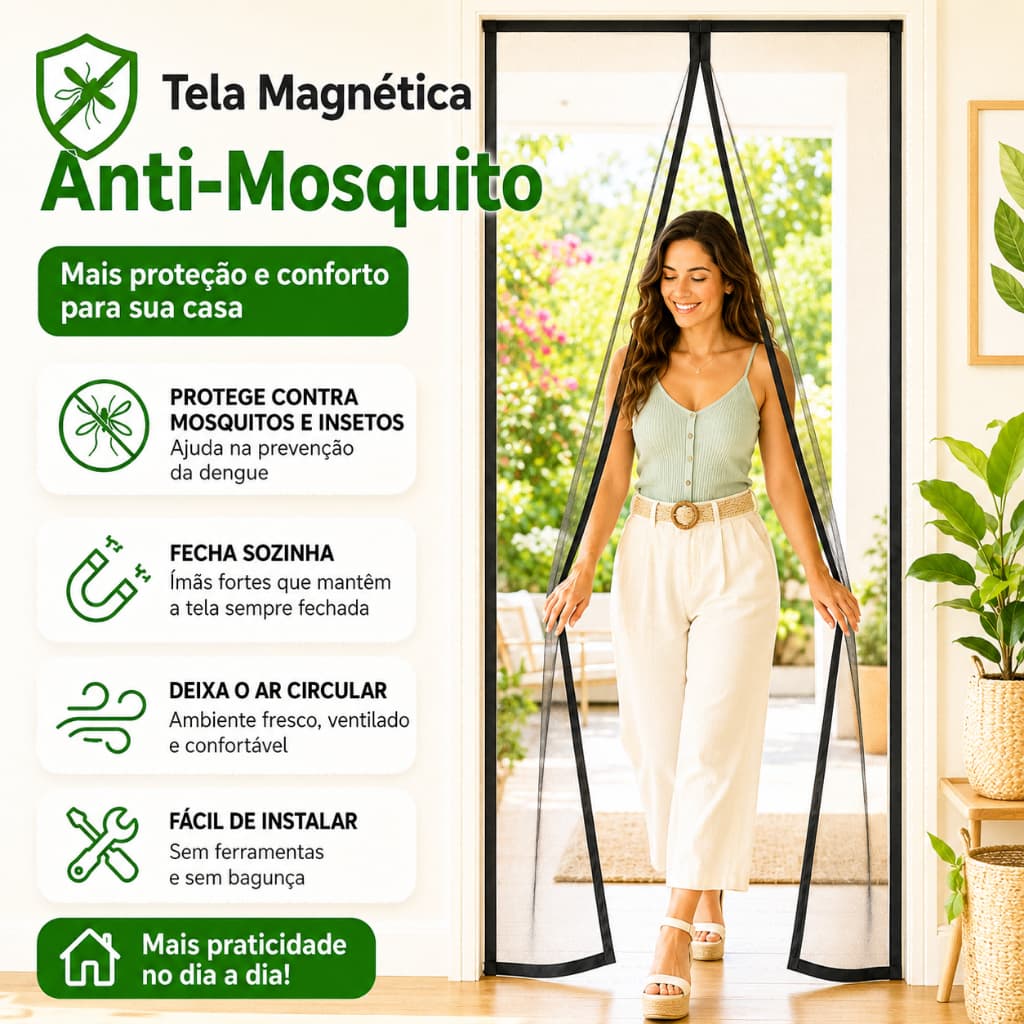 Cortina Mosquiteiro de Tela para Porta 210x100: Fecho Magnético, Defesa Contra Zika e Dengue