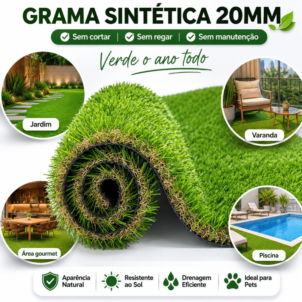 Grama Sintética 20mm - Decoração Área Externa Jardim Pets Varanda - Lavável e Antifúngica M²