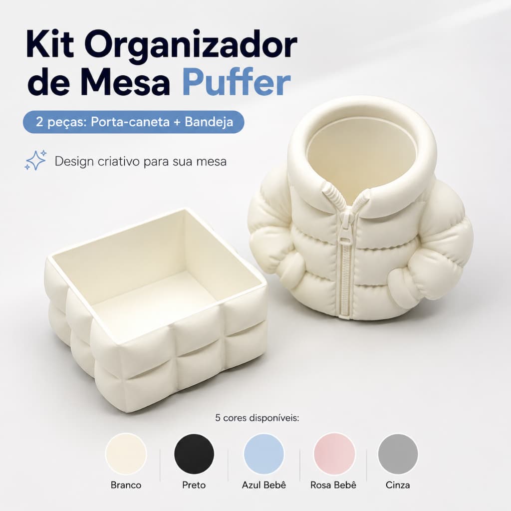 Kit Porta Caneta Puffer com Bandeja Organizadora 2 Peças Para Mesa Escritório