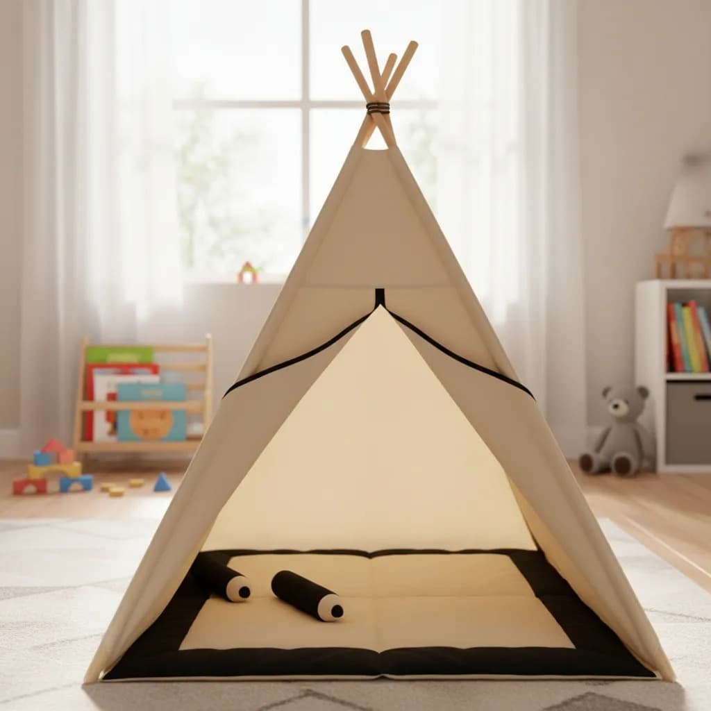 Tenda toca barraca infantil festa do pijama + tapete acolchoado detalhes em azul marinho 135x110x110cm