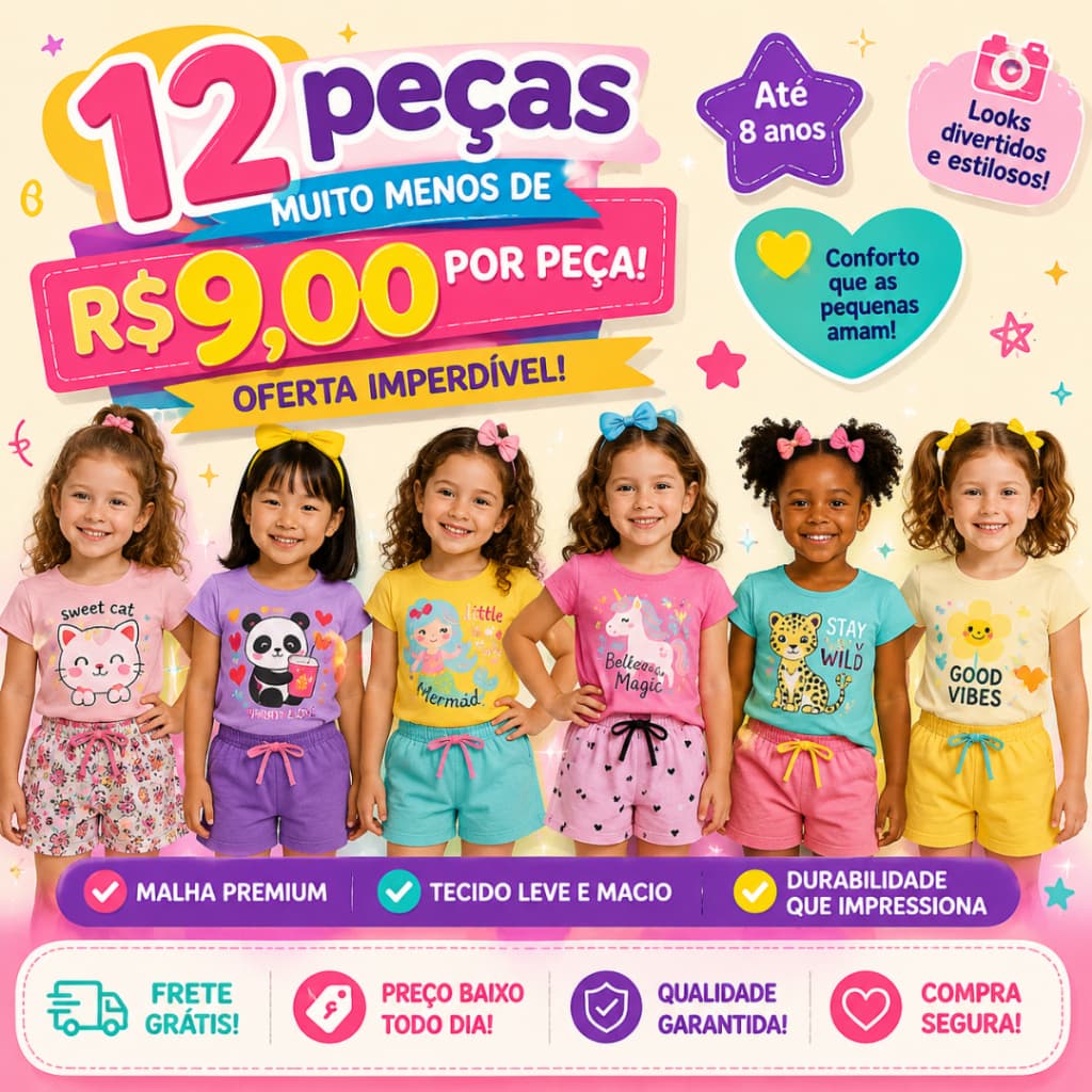 Kit até 12 peças Conjunto Infantil Menina Verão Roupa Confortável Bebê Moda Criança Estampada
