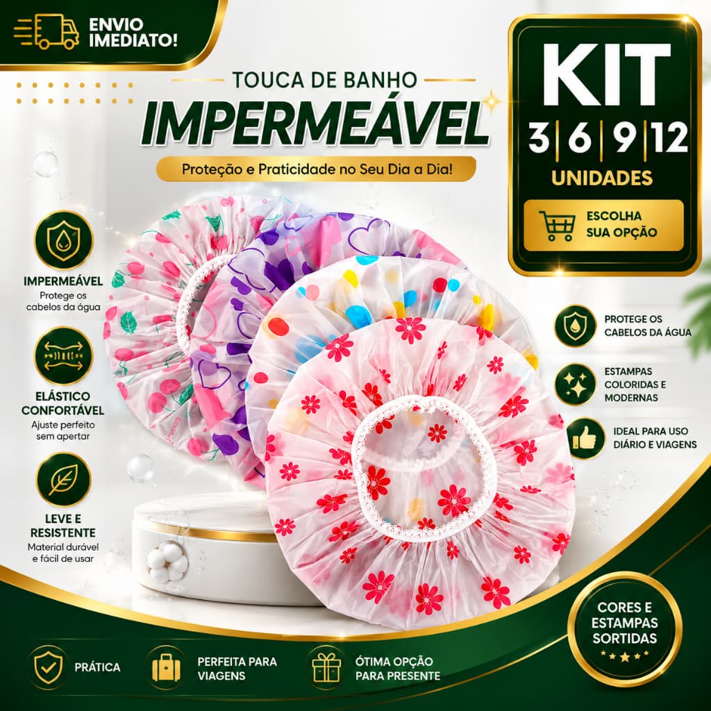 Touca de Banho Impermeável 3/6/9/12 Estampada Reutilizável Ajustável Proteção para Cabelos Diversas Estampas Feminina