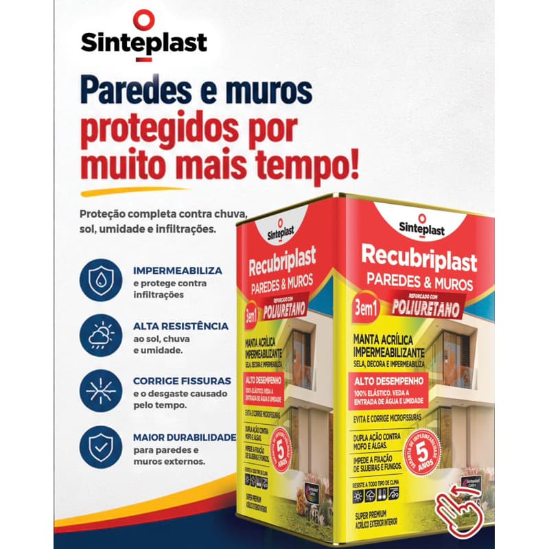 Tinta Emborrachada Impermeabilizante Para Paredes e Muros Alta Proteção Antifissuras Recubriplast 18L Branca