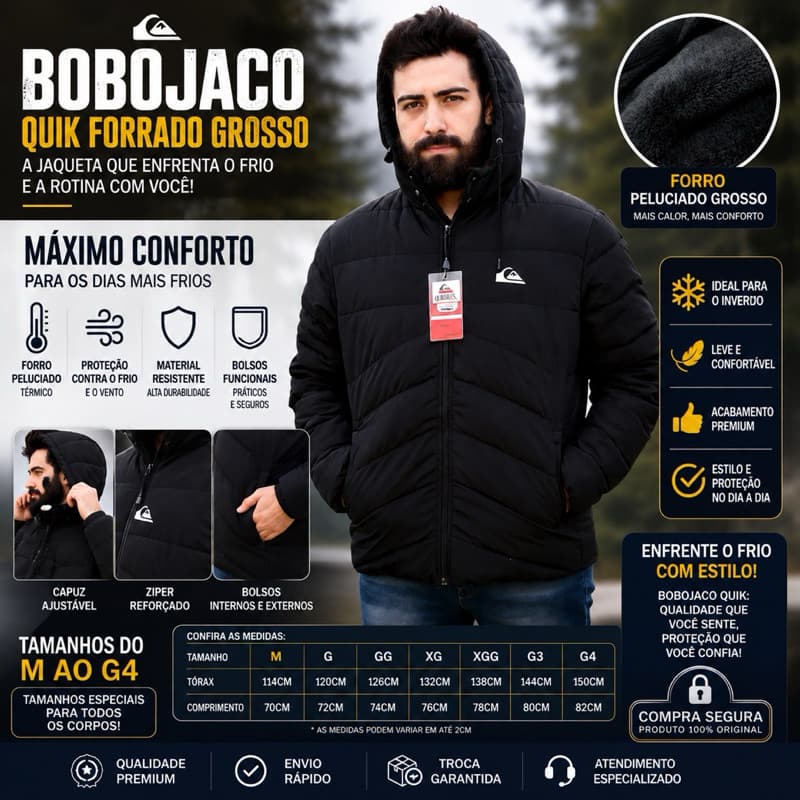 Jaqueta Bobojaco Masculina Quik Forrada Peluciada Grossa Inverno C/ Capuz Tamanho M ao G4