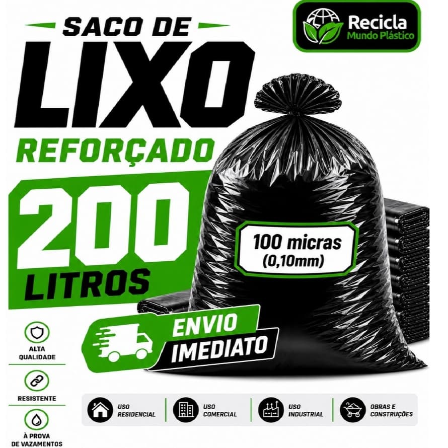 Saco de Lixo 200 Litros Reforçado Grosso Para Obra Entulho Casa Industria Limpeza 100 Micras