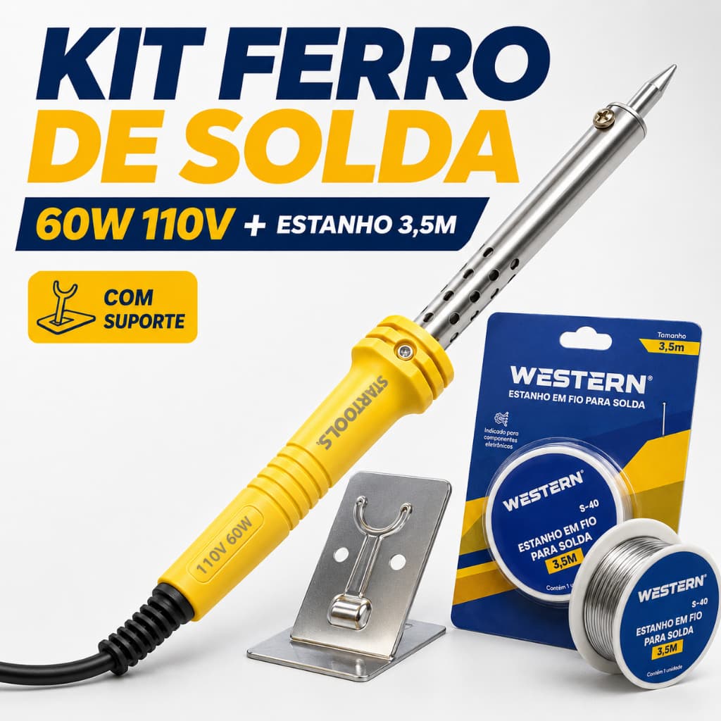 Ferro de Solda 60w 127V Kit com Suporte e Estanho 3,5m Brinde Eletrônica, Reparos e Soldagem