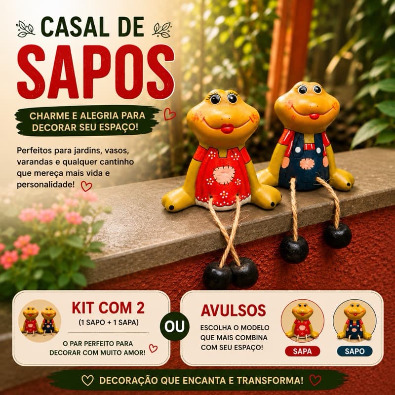 Casal de Sapos Decorativos Perninha Articulada em Cerâmica Pintado à Mão Enfeite de Jardim Varanda