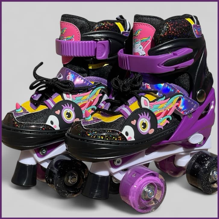Patins Unicórnio 4 Rodas com Led nas rodinhas e freios frontais ajustáveis