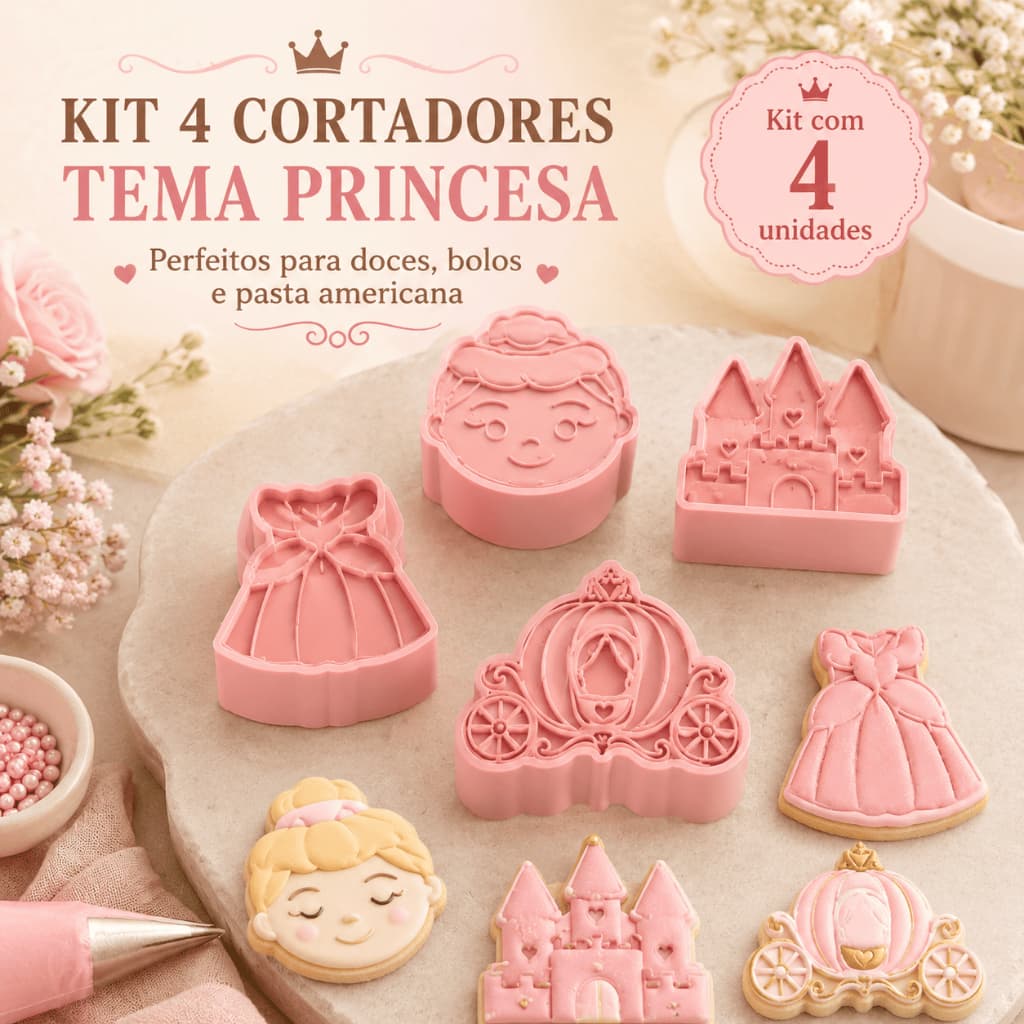 Kit 4 Cortadores Tema Princesa Para Doces Bolo Pasta Americana