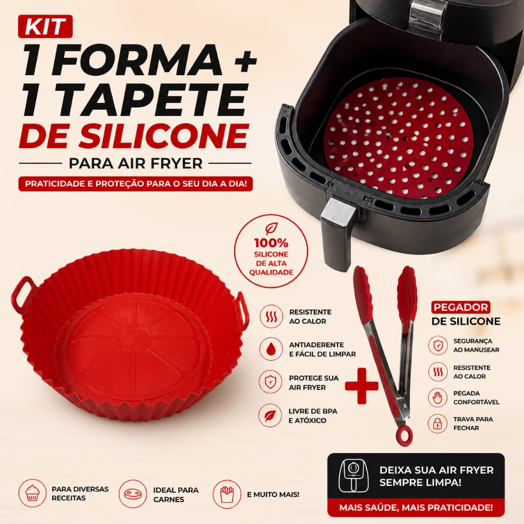 Kit Air Fryer Forma + Tapete + Pegador Silicone Fritadeira