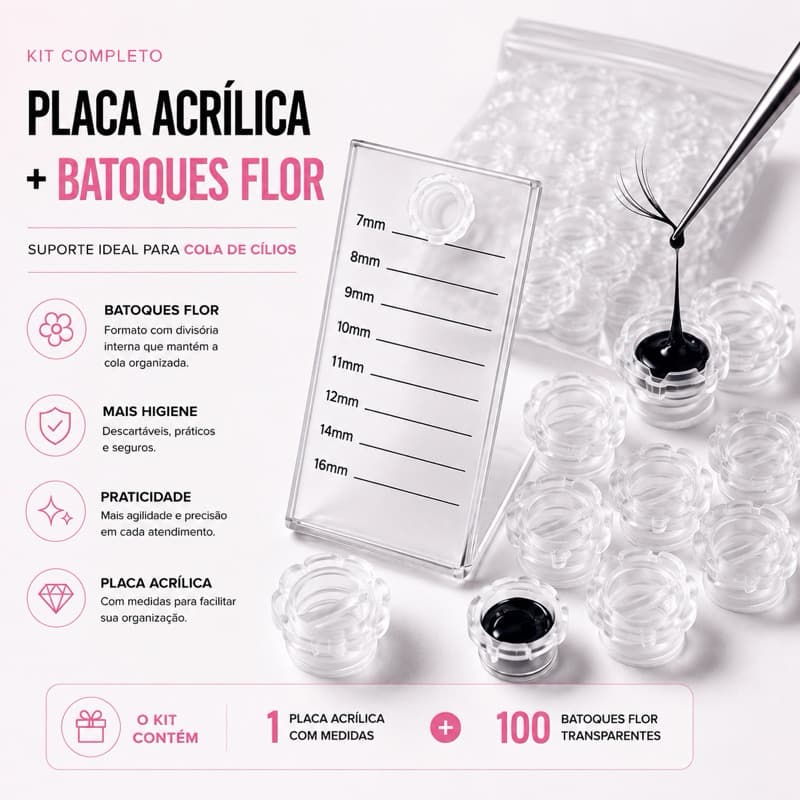 Kit Placa Acrílica para Extensão de Cílios + 100 Batoques Flor Transparentes – Suporte Cola Lash