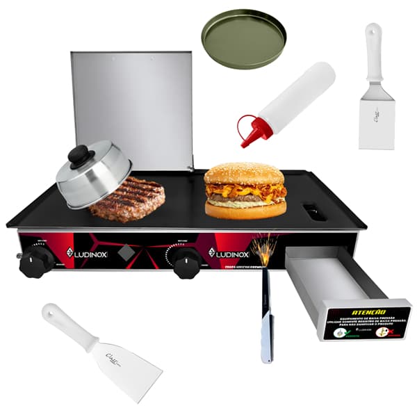 Chapa De Lanche 30x60 Industrial Inox Profissional + 8 ACESSORIOS