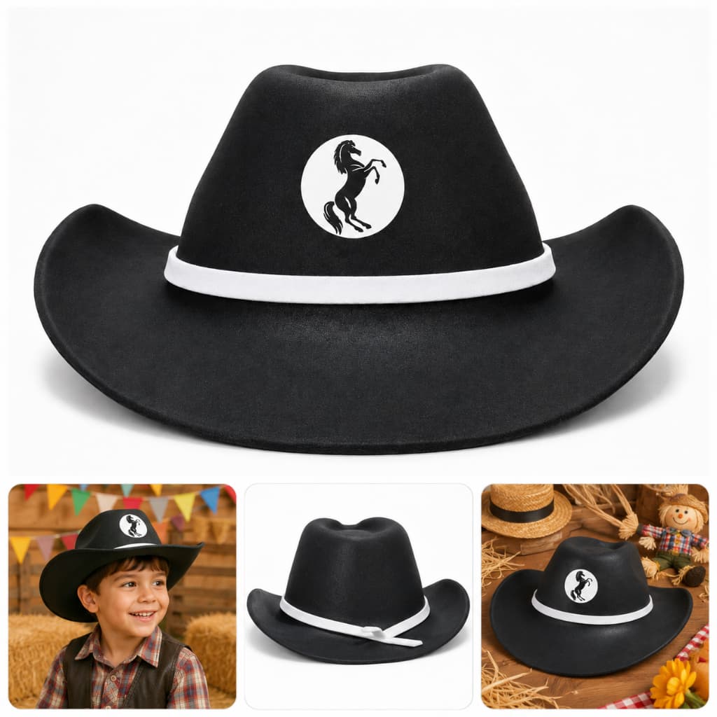 Kit 10 Chapéu Cowboy Infantil EVA Preto com Faixa Branca Festa Junina Rodeio