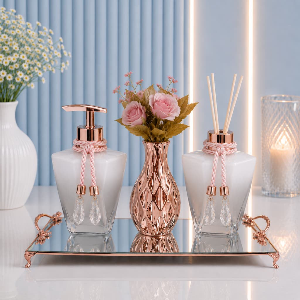 Kit Lavabo Luxo Rose Gold Branco 4 Peças Aromatizador Sabonete Bandeja Vasinho