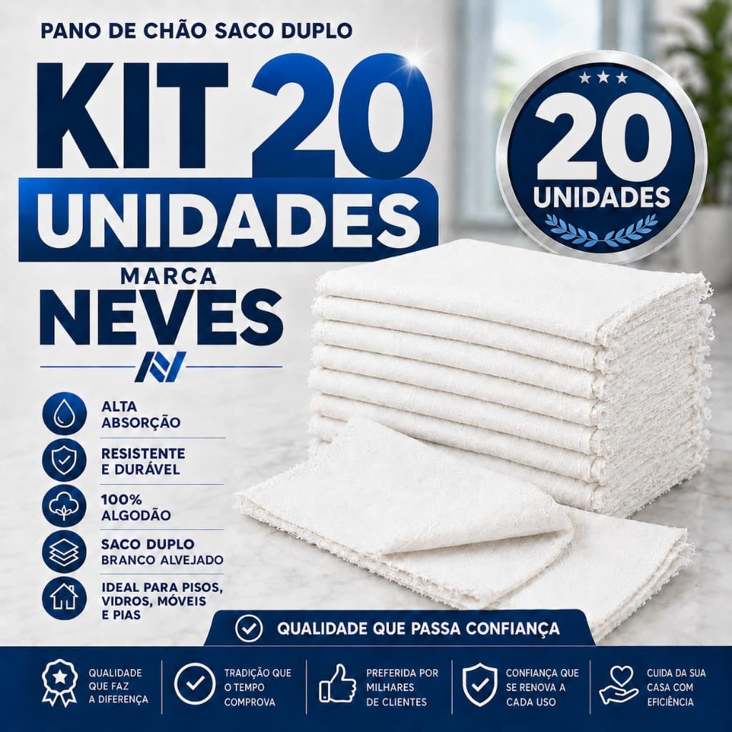 Pano De Chão Grande Branco 45x70 Cm Branco Neves 100% Algodão Duplo 70Gr Saco Alvejado Pano Duplo
