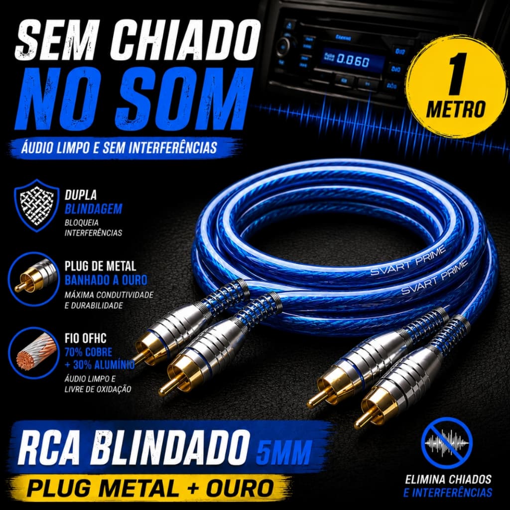 Cabo RCA 1m Dupla Blindagem Plug Metal Banhado a Ouro Som Automotivo Sem Ruido Azul Svart Prime