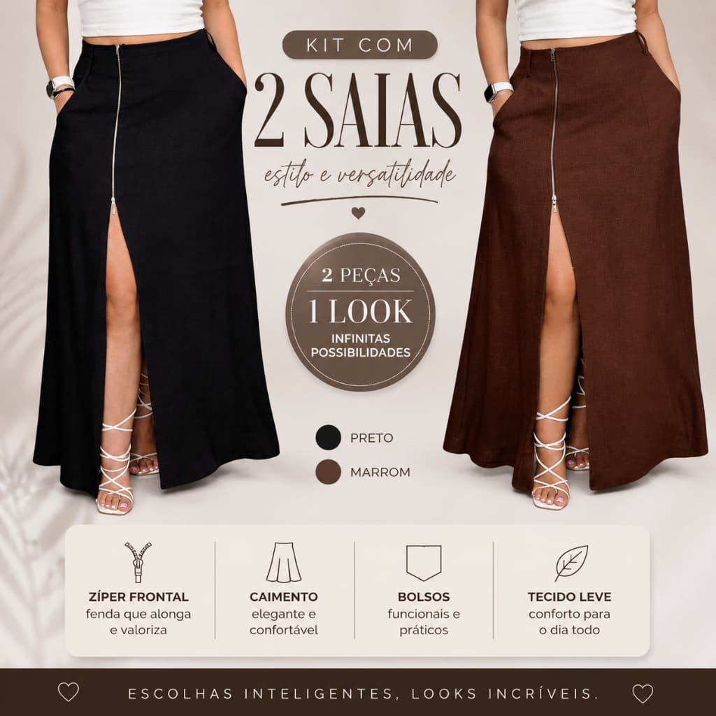 Saia Longa Kit 2 Peças Alfaiataria Social Godê com Bolso e Ziper na Lateral Tendência Inverno Lançamento P081