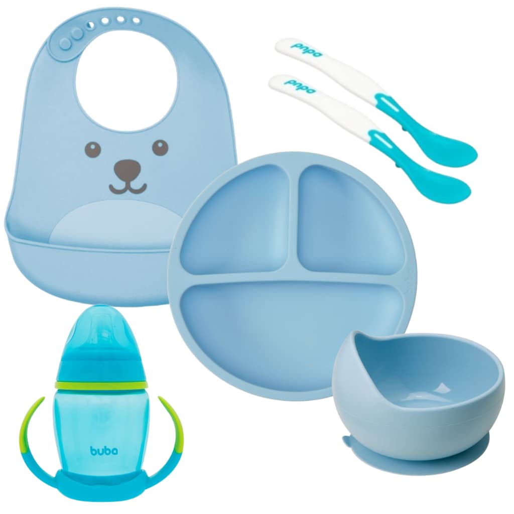 Kit Personalize Introdução Alimentar Buba Silicone Azul – Babador, Prato, Bowl, Copo e Colheres