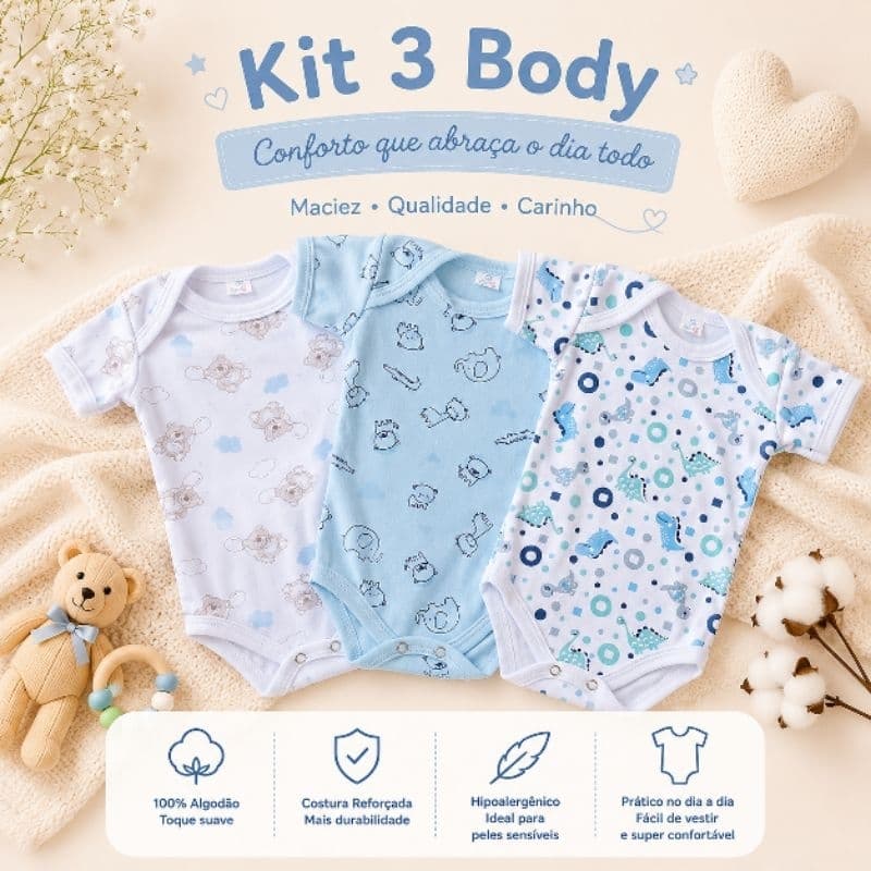 Kit 3 Body Bebê Estampados 100% Algodão Manga Curta Feminino Masculino Confortável