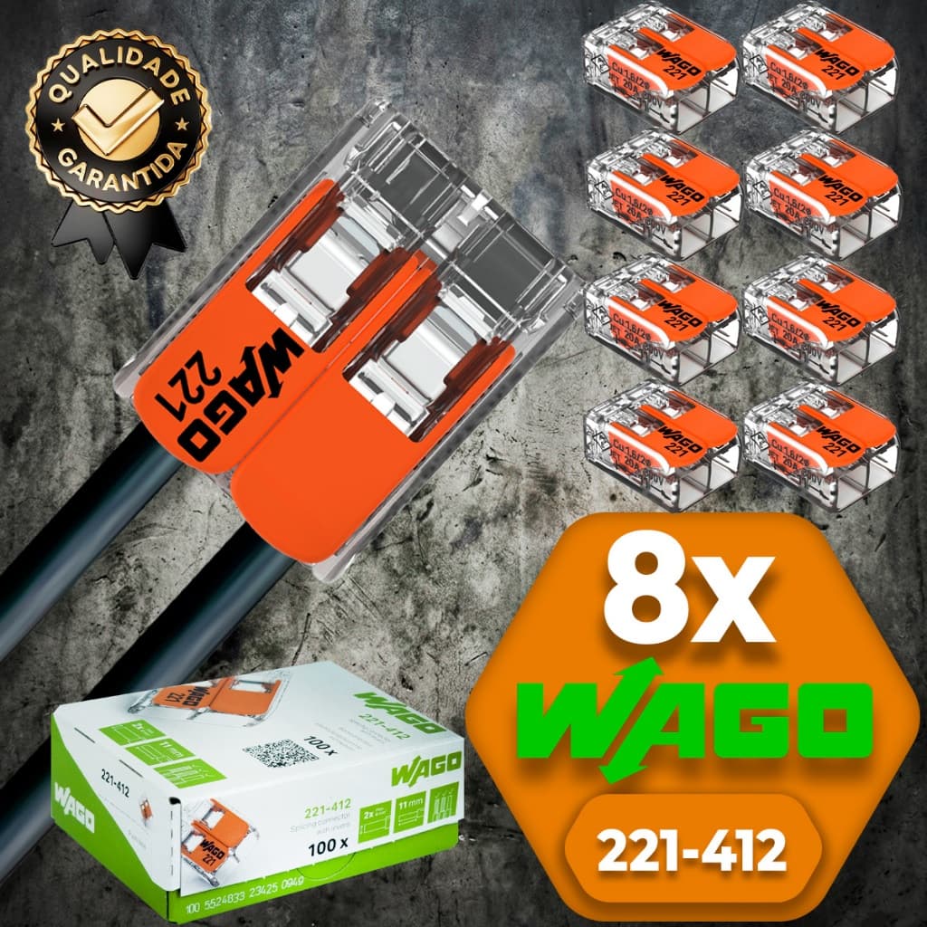 Conector de Fio Elétrico Wago 221-412  Conector Wago Emenda 4mm² 32A Conexão Automática Kit 8 peças