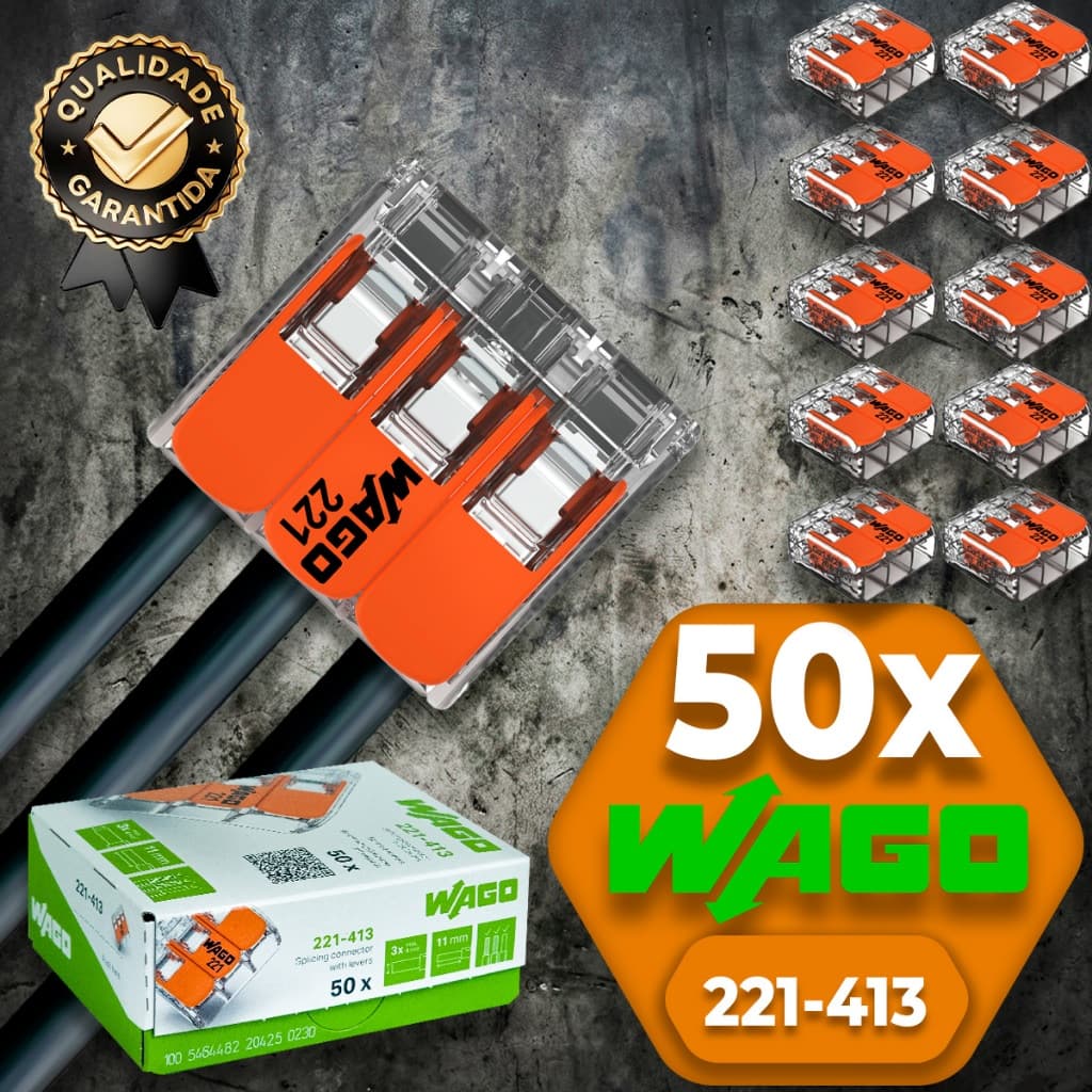 Conector de Fio Elétrico Wago 221-413 Conector Wago Emenda 4mm² 32A conexão automática Kit 50 peças