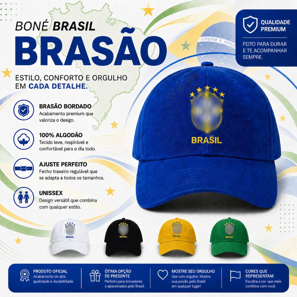 Boné Brasil Copa 2026 Bordado Aba Curva Ajustável Unissex Feminino Masculino 5 Cores