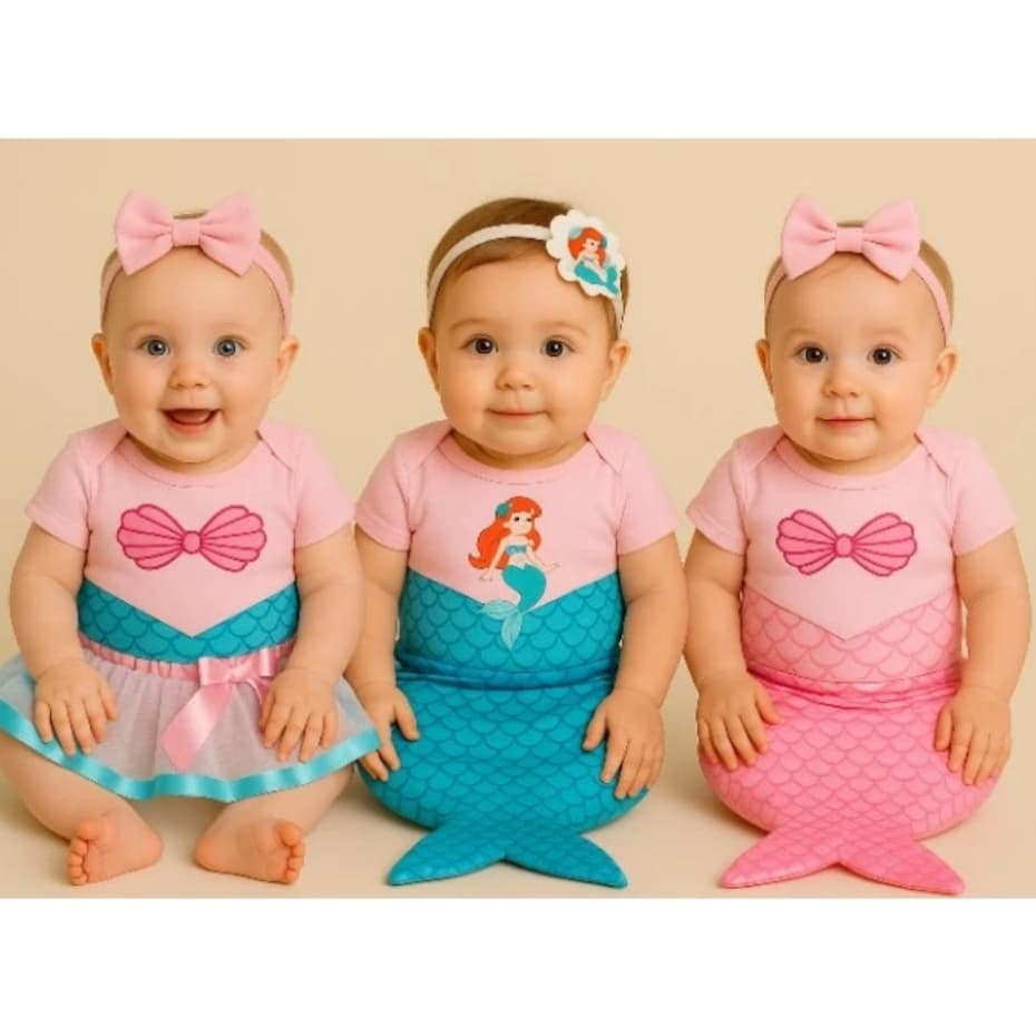 Body Bebê Infantil Mêsversário Temático Sereia Com Calda Laço Saia Super Confortável 100% Algodão