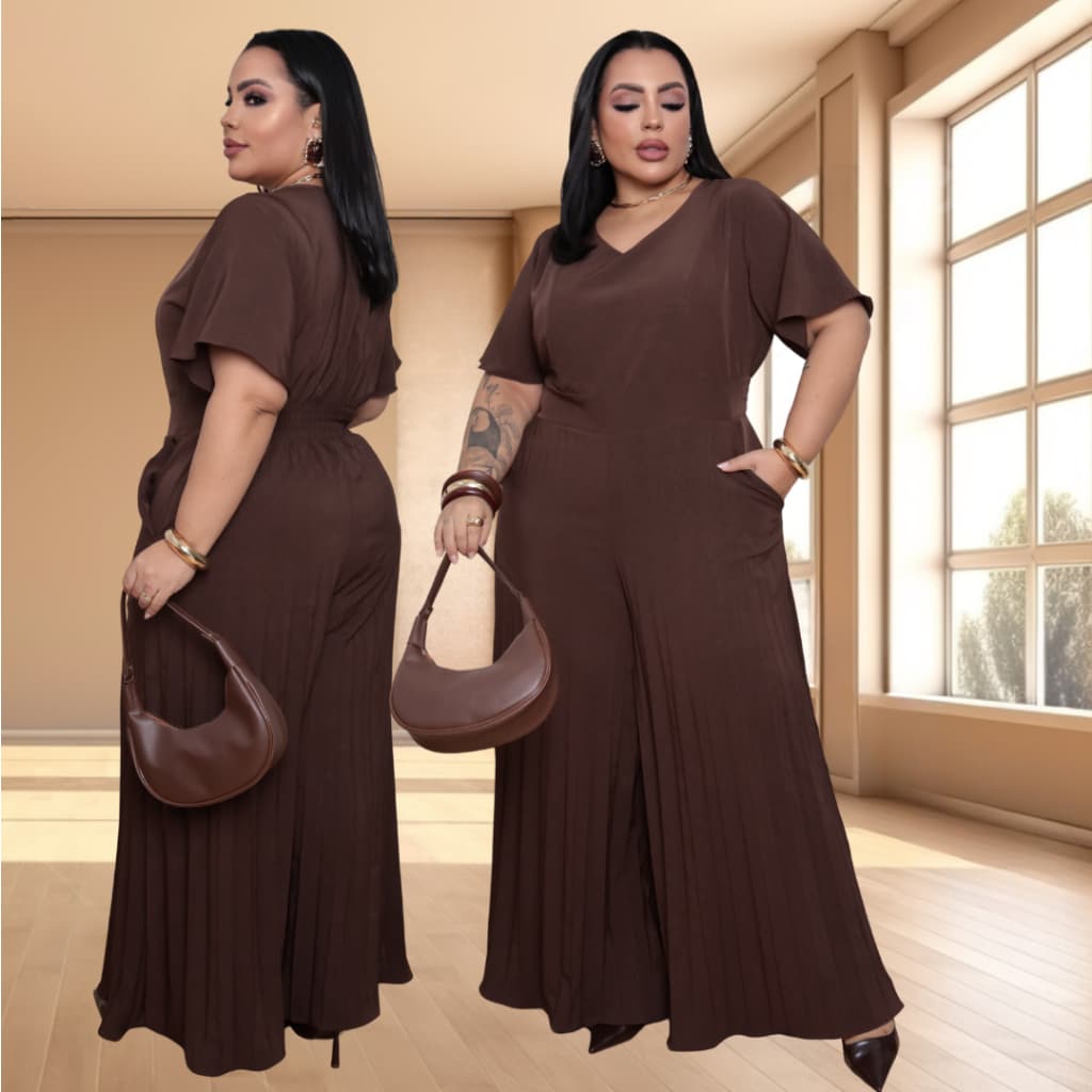 Macacão Plus Size Feninino Pantalona Plissado Over Size Casual Modesto Basic