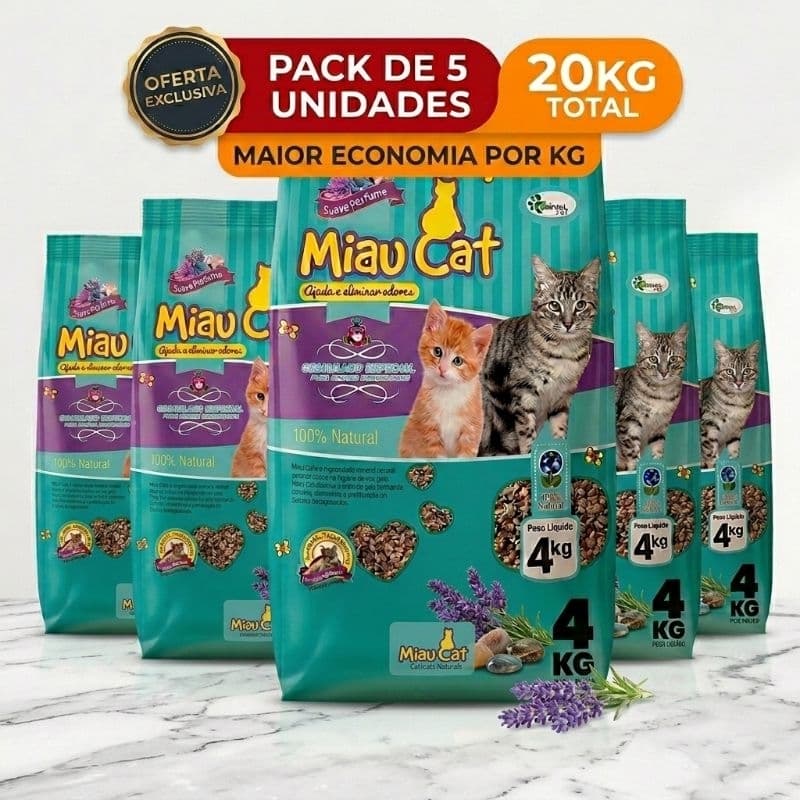 Kit 20kg Areia Higiênica Perfumada Miau Cat 5x4kg Torrão Firme Elimina Odores Floral