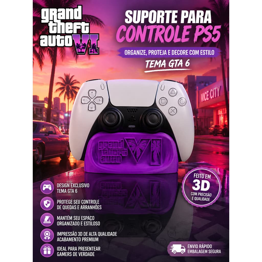 Suporte Controle PS5 GTA 6 | Suporte DualSense Tema GTA VI | Organizador Controle PS5 Impresso em 3D Gamer