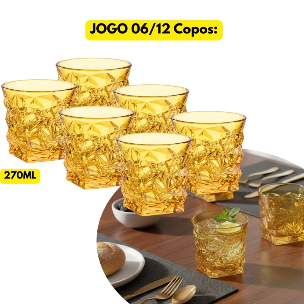 Jogo Kit 06/12 Copos Vidro Quadrados Âmbar Whisky 270ML Luxo Drink Batida Uisque Campari Negroni Buffet Grosso