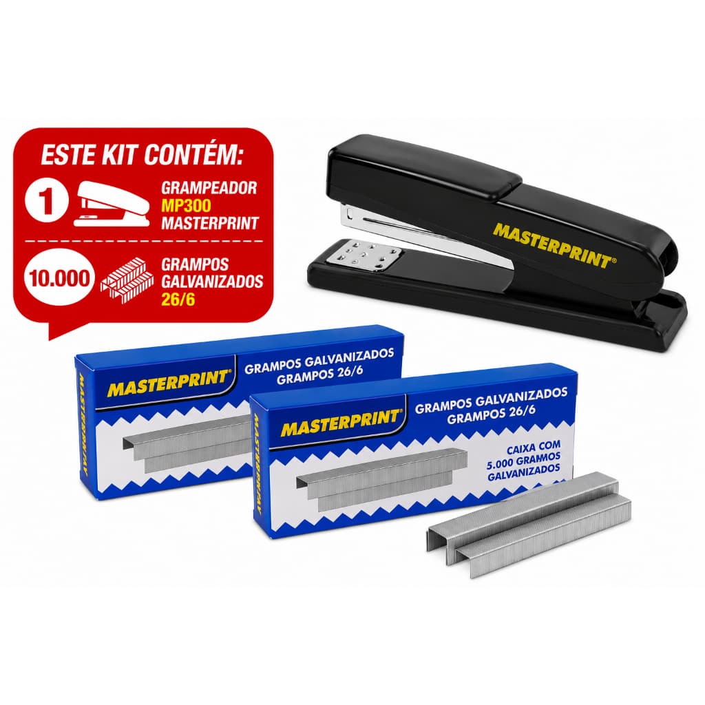 KIT 1 GRAMPEADOR MP300 + 10.000 GRAMPOS 26/6 GALVANIZADOS ESCOLAR ESCRITÓRIO MASTERPRINT