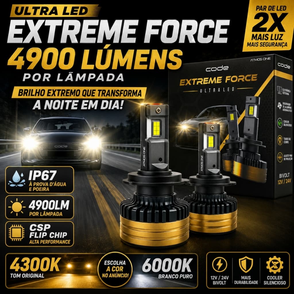 Lâmpada Ultra Led 9200 Lumens 6000k 4300k Automotiva 12V 24V Bivolt 70W Code Extreme Force CSP IP67